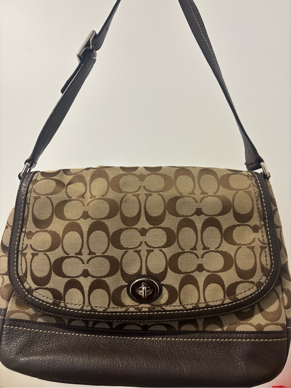 Coach Brown Signature Canvas Shoulder Bag with Dark Brown Leather Trim
